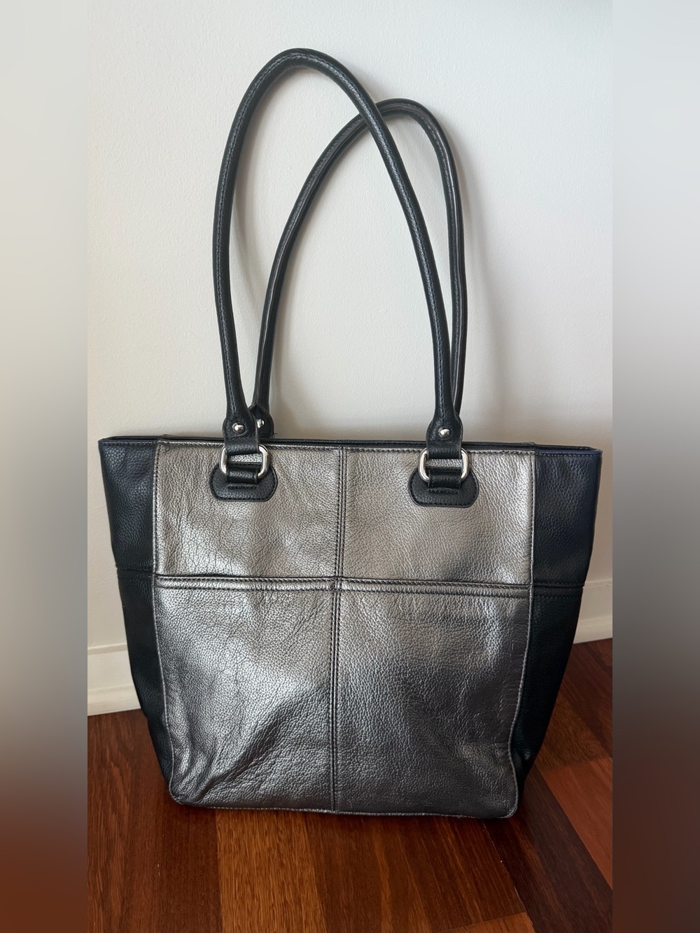 Tignanello Metallic Silver and Black Leather Tote